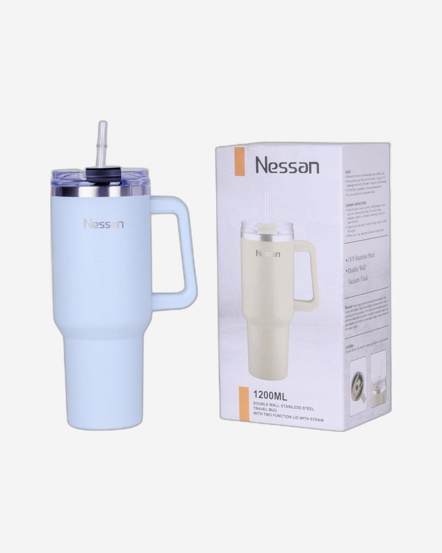 Nessan Double Wall Stainless Steel Vacuum Insulated Travel Mug Tumbler with Dual Function Lid and Straw for Water, Iced Tea or Hot Coffee, Smoothie and More (Blue, 1200ml)