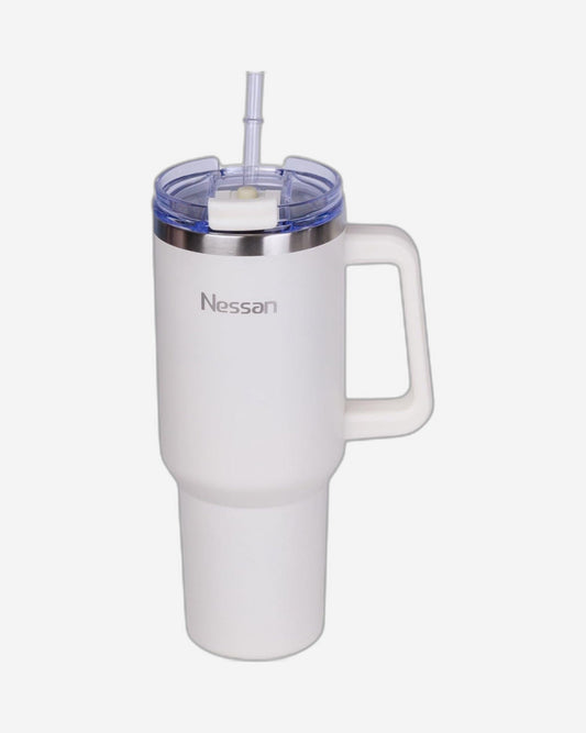 Nessan Double Wall Stainless Steel Vacuum Insulated Travel Mug Tumbler with Dual Function Lid and Straw for Water, Iced Tea or Hot Coffee, Smoothie and More (Cream, 1200ml)