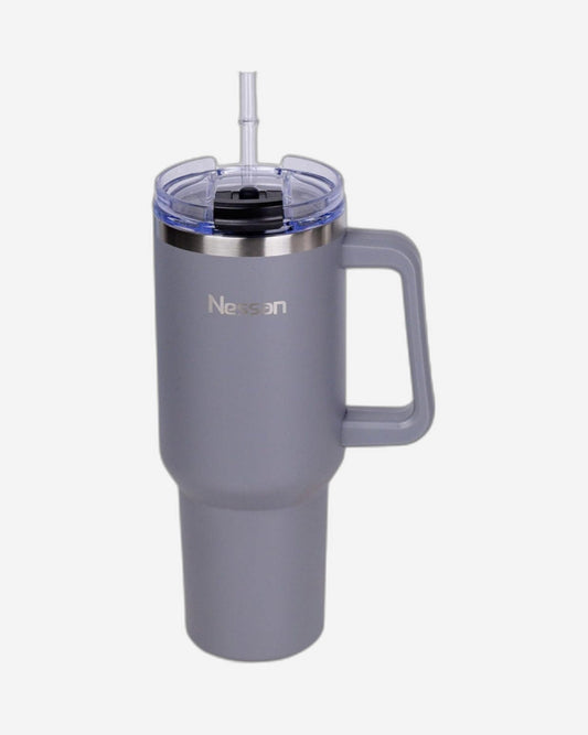 Nessan Double Wall Stainless Steel Vacuum Insulated Travel Mug Tumbler with Dual Function Lid and Straw for Water, Iced Tea or Hot Coffee, Smoothie and More (Grey, 1200ml)