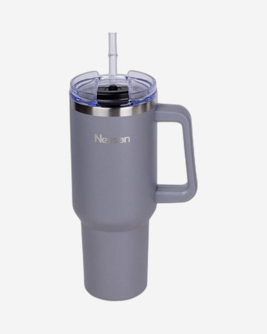 Nessan Double Wall Stainless Steel Vacuum Insulated Travel Mug Tumbler with Dual Function Lid and Straw for Water, Iced Tea or Hot Coffee, Smoothie and More (Grey, 1200ml)