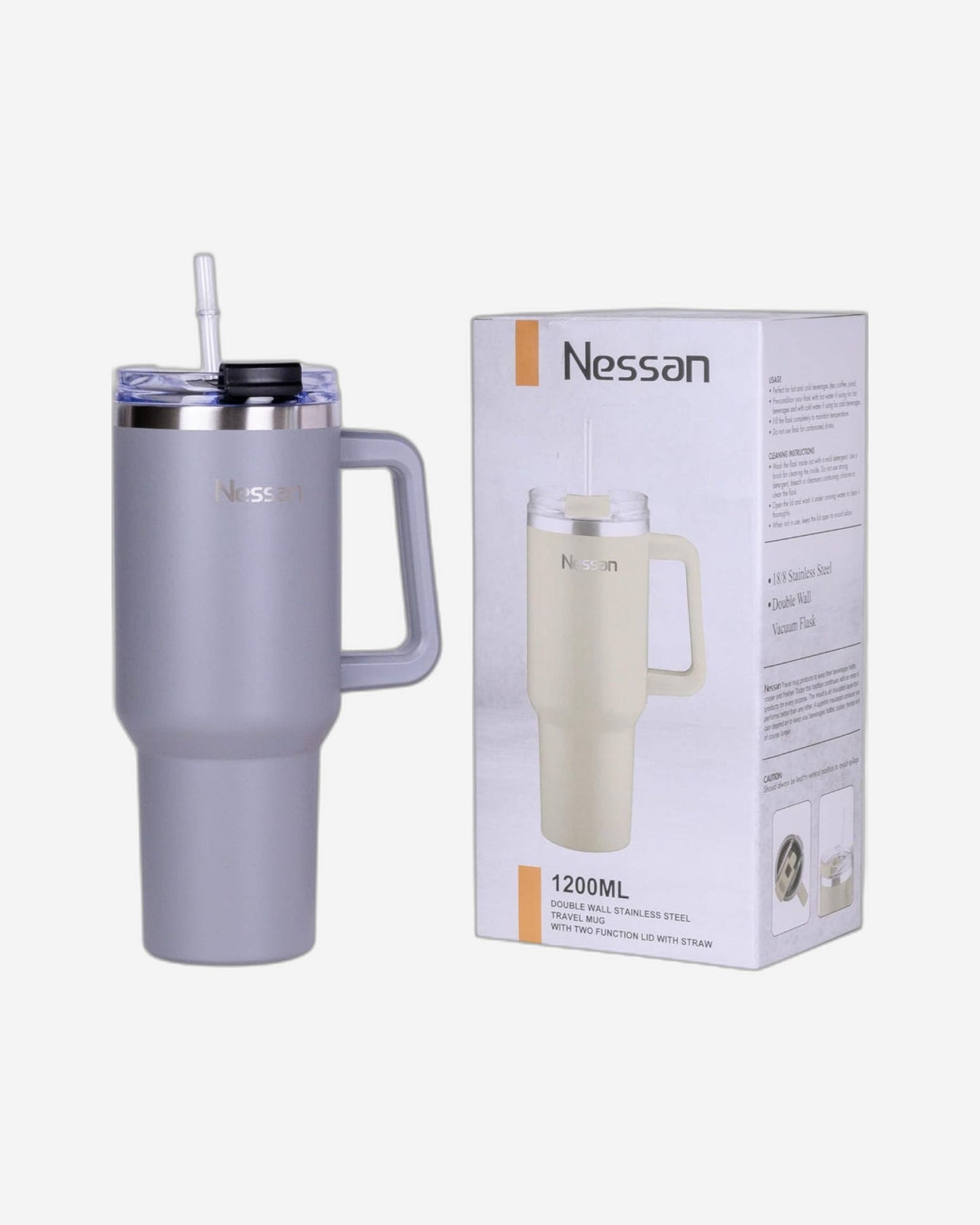 Nessan Double Wall Stainless Steel Vacuum Insulated Travel Mug Tumbler with Dual Function Lid and Straw for Water, Iced Tea or Hot Coffee, Smoothie and More (Grey, 1200ml)