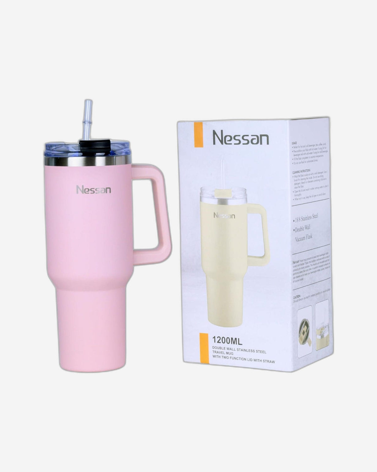 Nessan Double Wall Stainless Steel Vacuum Insulated Travel Mug Tumbler with Dual Function Lid and Straw for Water, Iced Tea or Hot Coffee, Smoothie and More (Pink, 1200ml)
