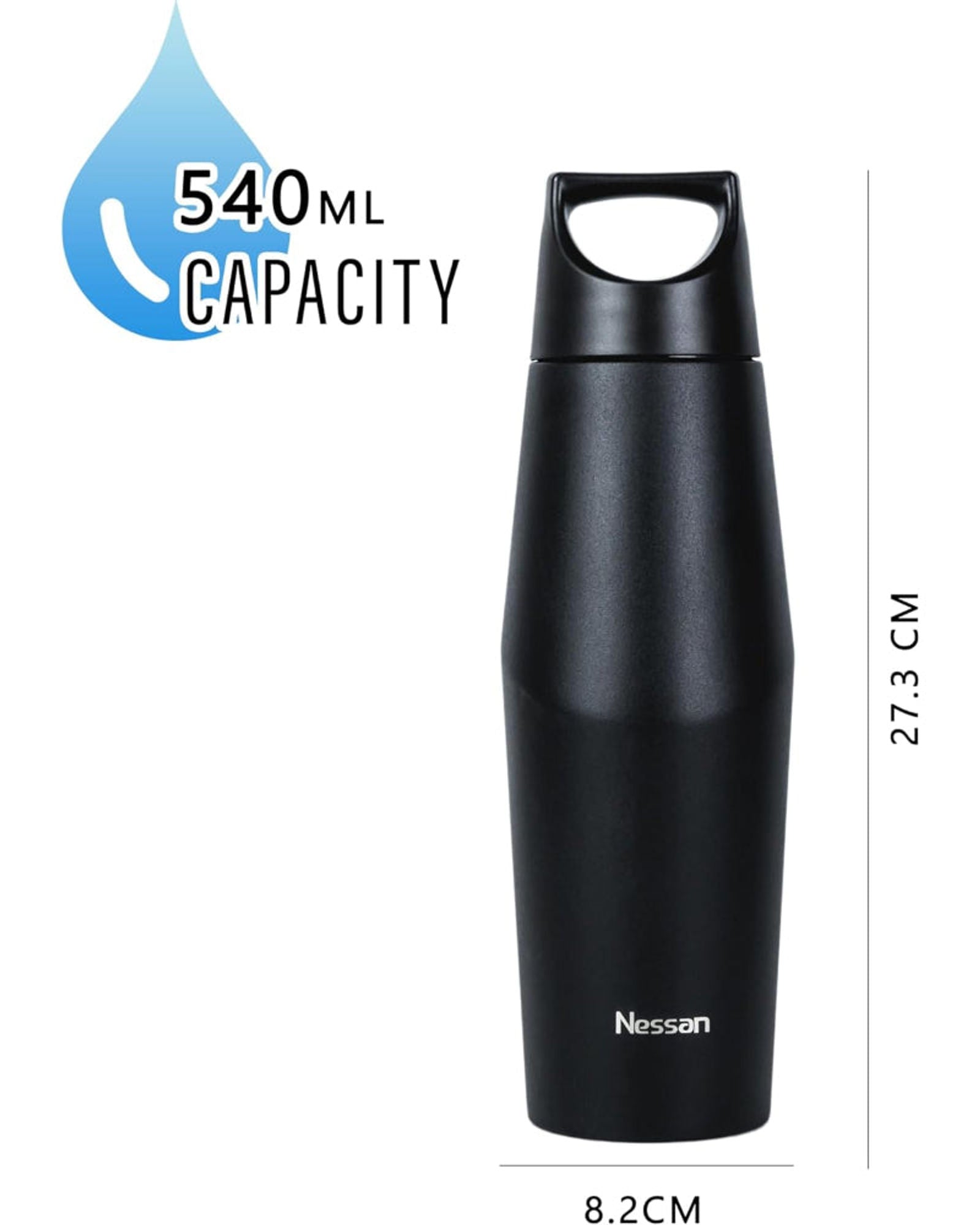 Nessan Double Wall Stainless Steel Vacuum Insulated Travel Flask Bottle for Water, Iced Tea or Hot Coffee, Smoothie and More (Black, 540ml)