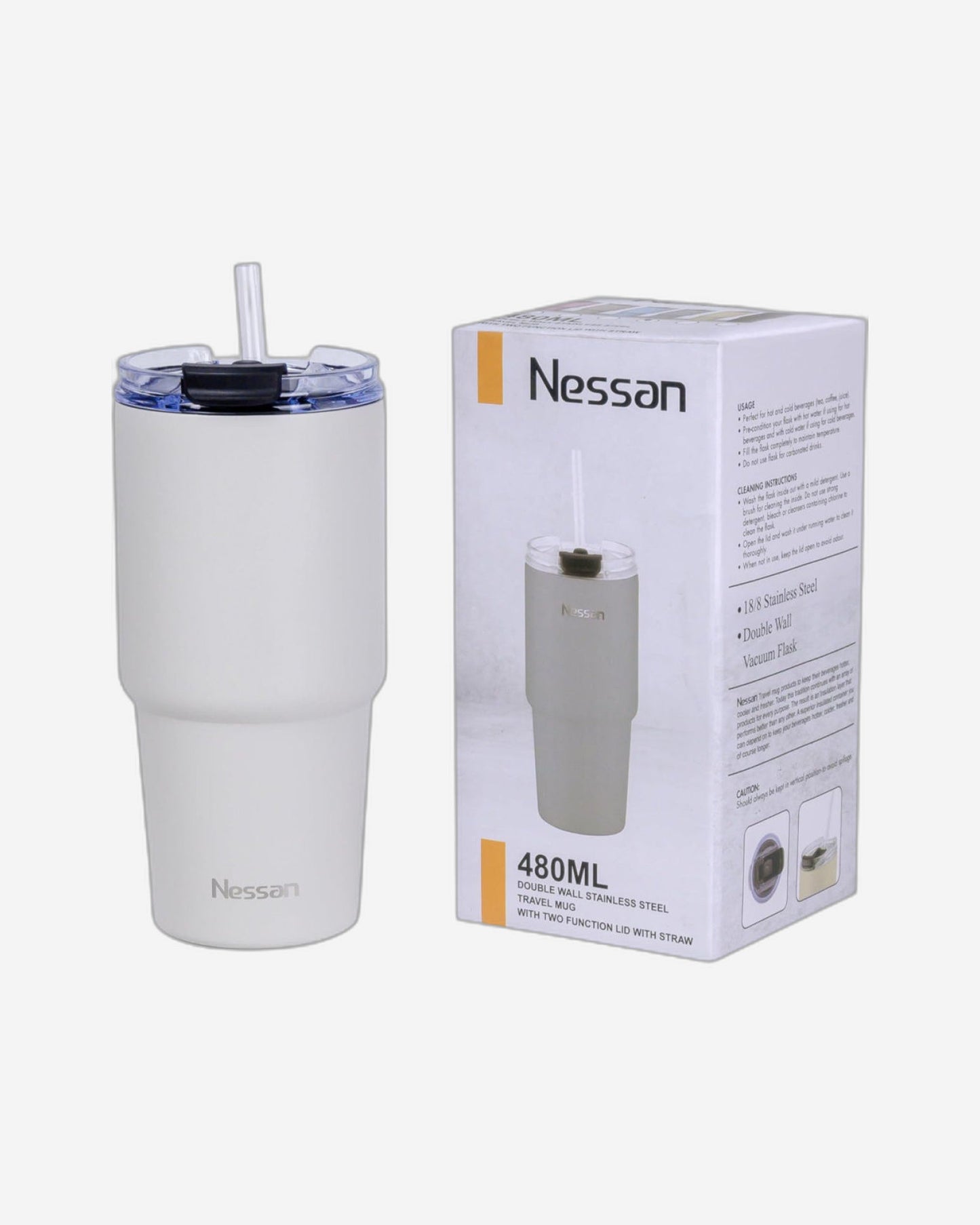 Nessan Double Wall Stainless Steel Vacuum Insulated Travel Mug Tumbler with Dual Function Lid and Straw for Water, Iced Tea or Hot Coffee, Smoothie and More (Beige, 480ml)