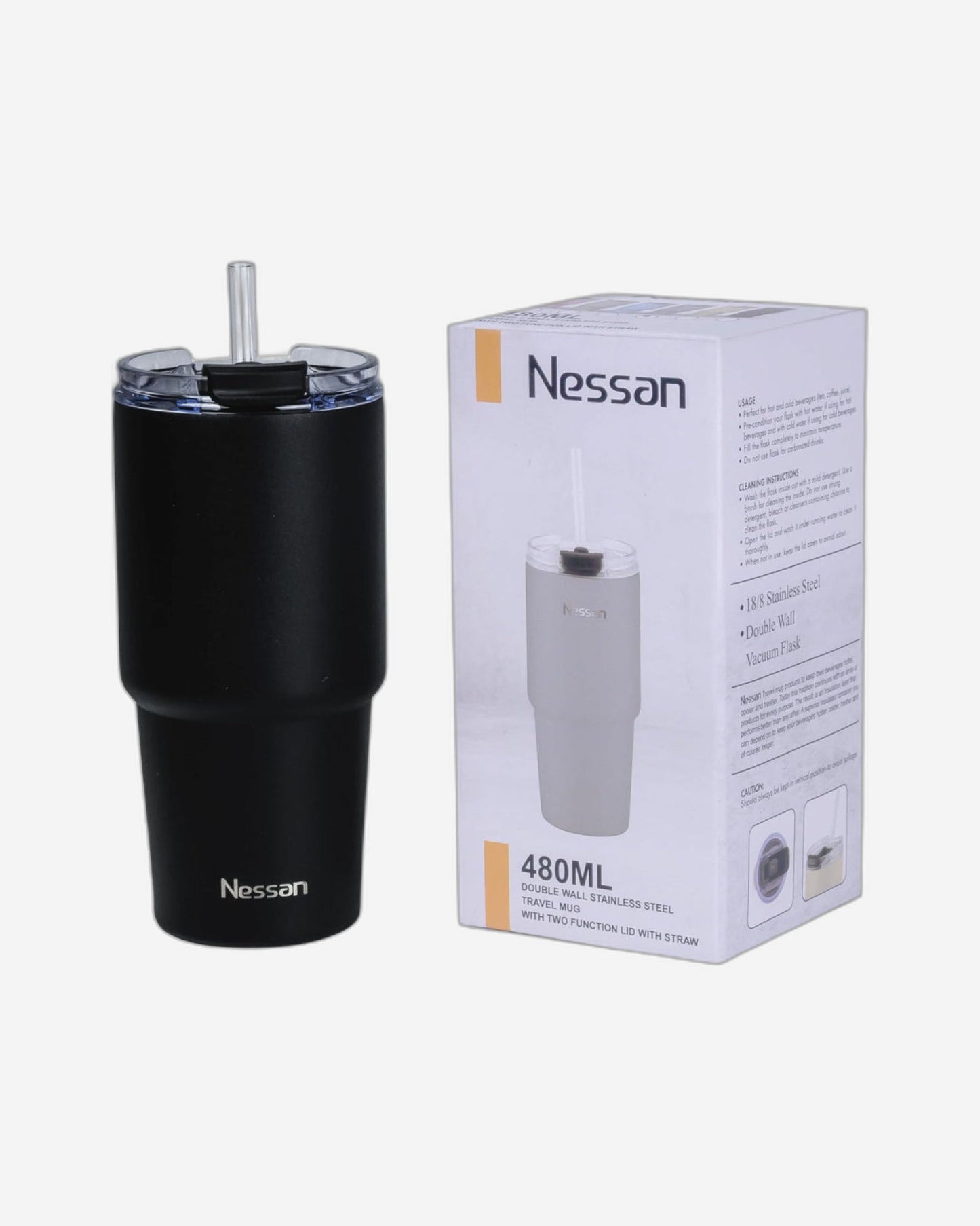 Nessan Double Wall Stainless Steel Vacuum Insulated Travel Mug Tumbler with Dual Function Lid and Straw for Water, Iced Tea or Hot Coffee, Smoothie and More (Black, 480ml)