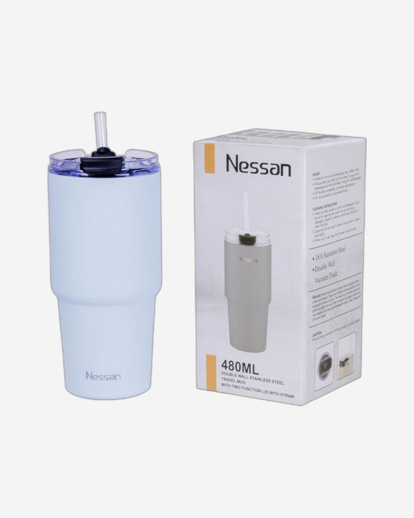 Nessan Double Wall Stainless Steel Vacuum Insulated Travel Mug Tumbler with Dual Function Lid and Straw for Water, Iced Tea or Hot Coffee, Smoothie and More (Blue, 480ml)