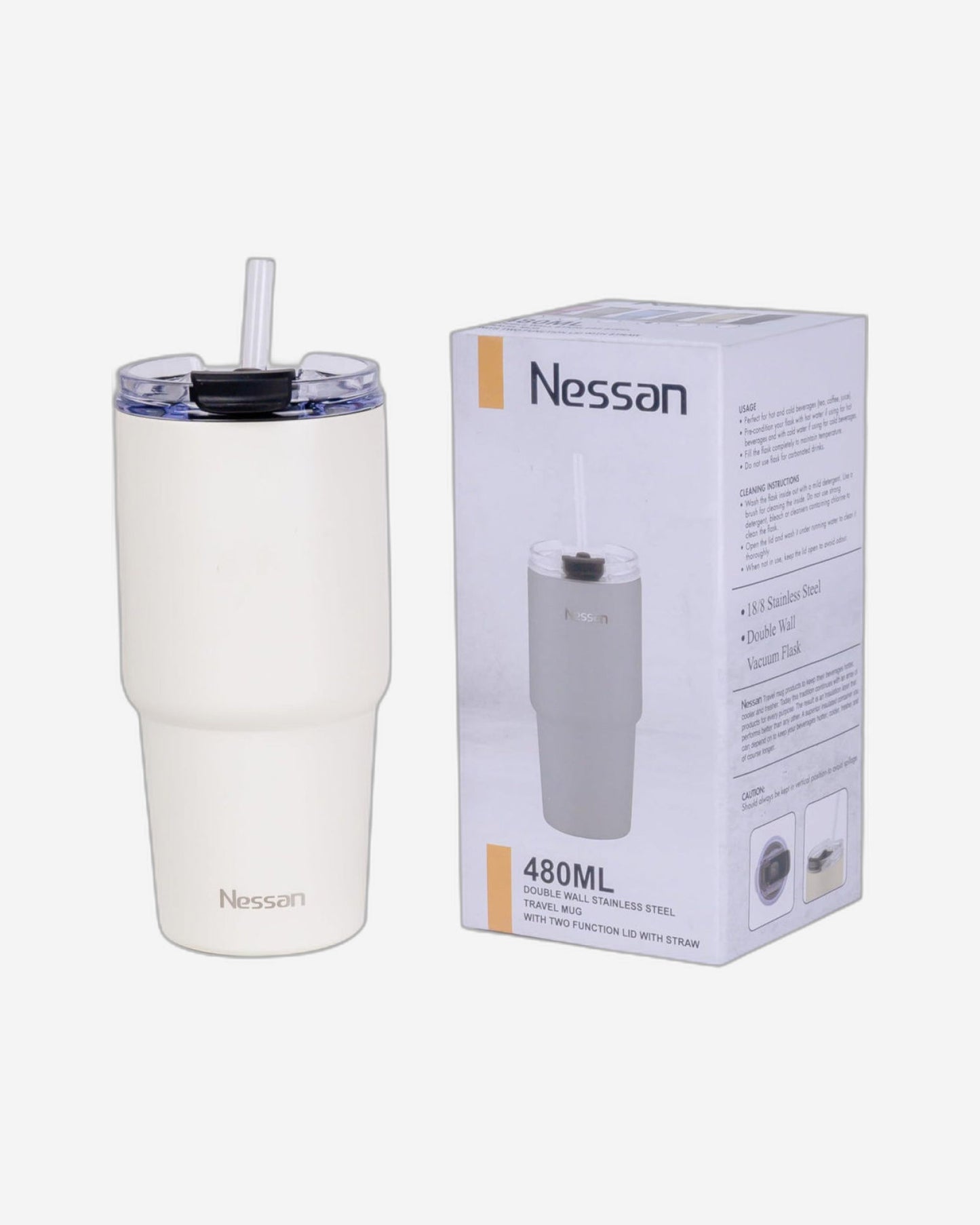 Nessan Double Wall Stainless Steel Vacuum Insulated Travel Mug Tumbler with Dual Function Lid and Straw for Water, Iced Tea or Hot Coffee, Smoothie and More (Cream, 480ml)
