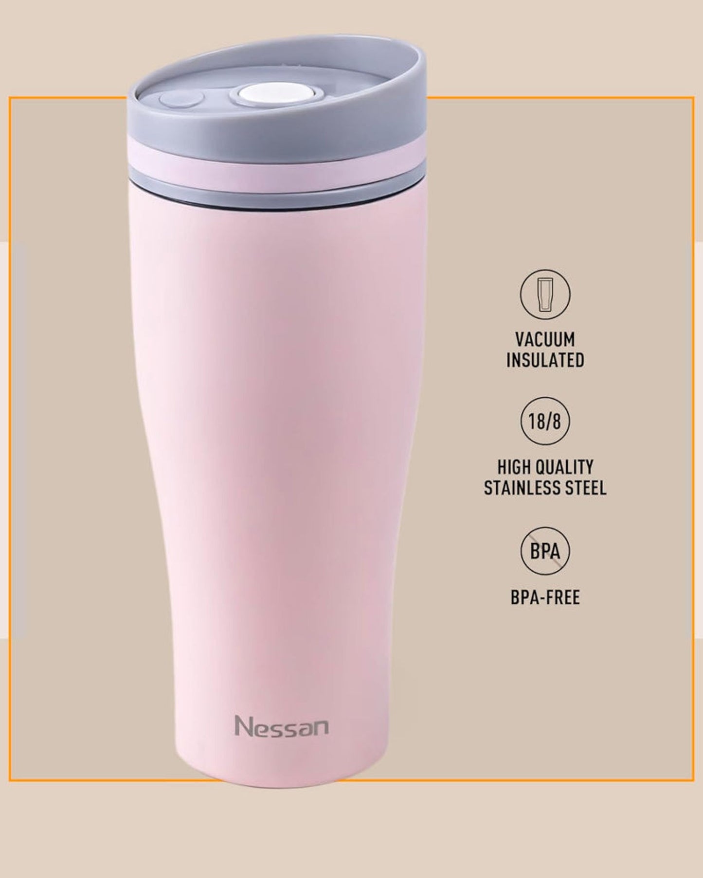 Nessan Insulated Stainless Steel Vacuum Mug, 360ml - Your Perfect Portable Thermal Tumbler for Hot and Cold Beverages Anywhere: Home, Gym, Outdoors, Office, and School - Pink