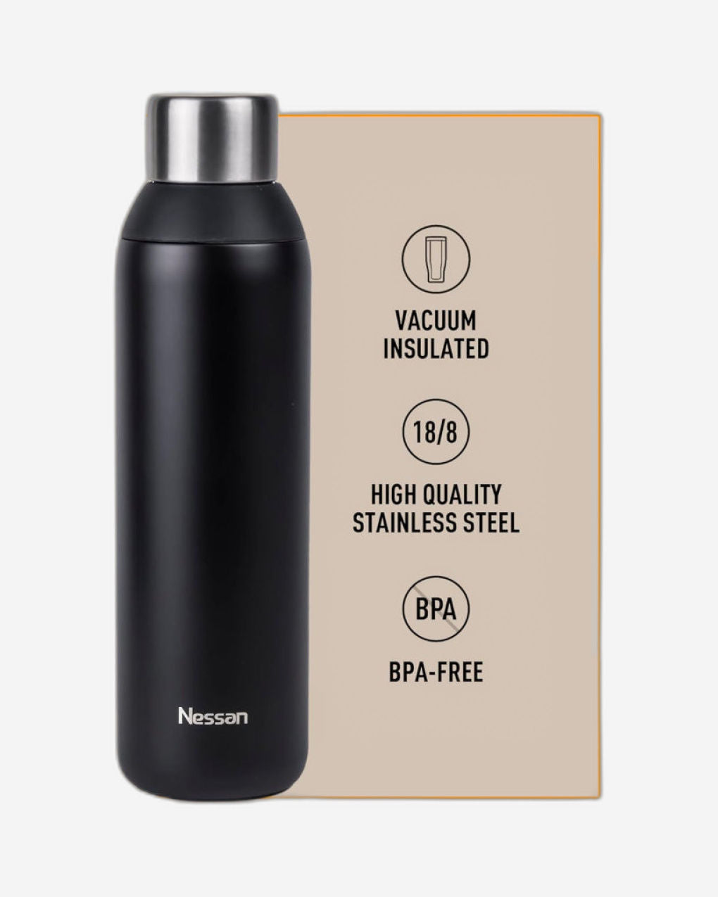 Nessan Double Wall Insulated Stainless Steel Vacuum Bottle, 600ml - Your Reliable Travel Flask for Hot and Cold Beverages - Black