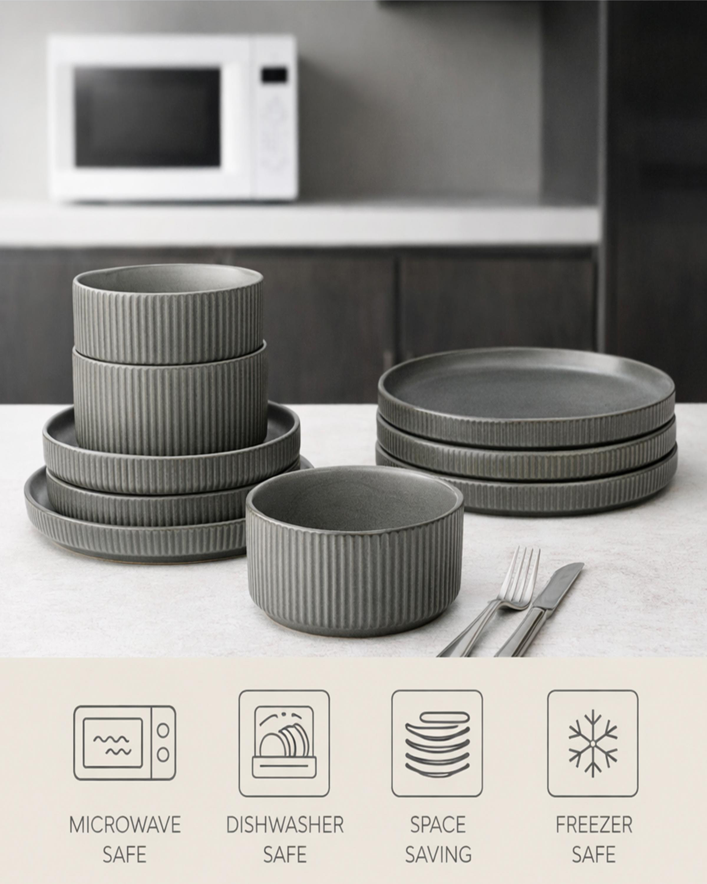 Shallow LEF Stoneware Dinner Set 16 pcs Light Grey
