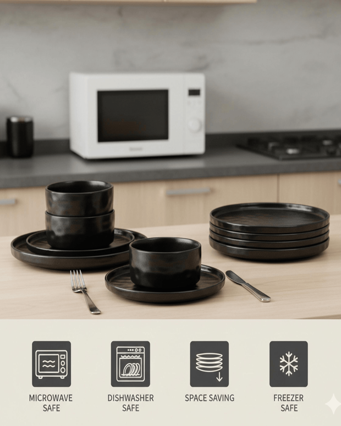 Shallow HUA Stoneware Dinner Set 18 pcs Black