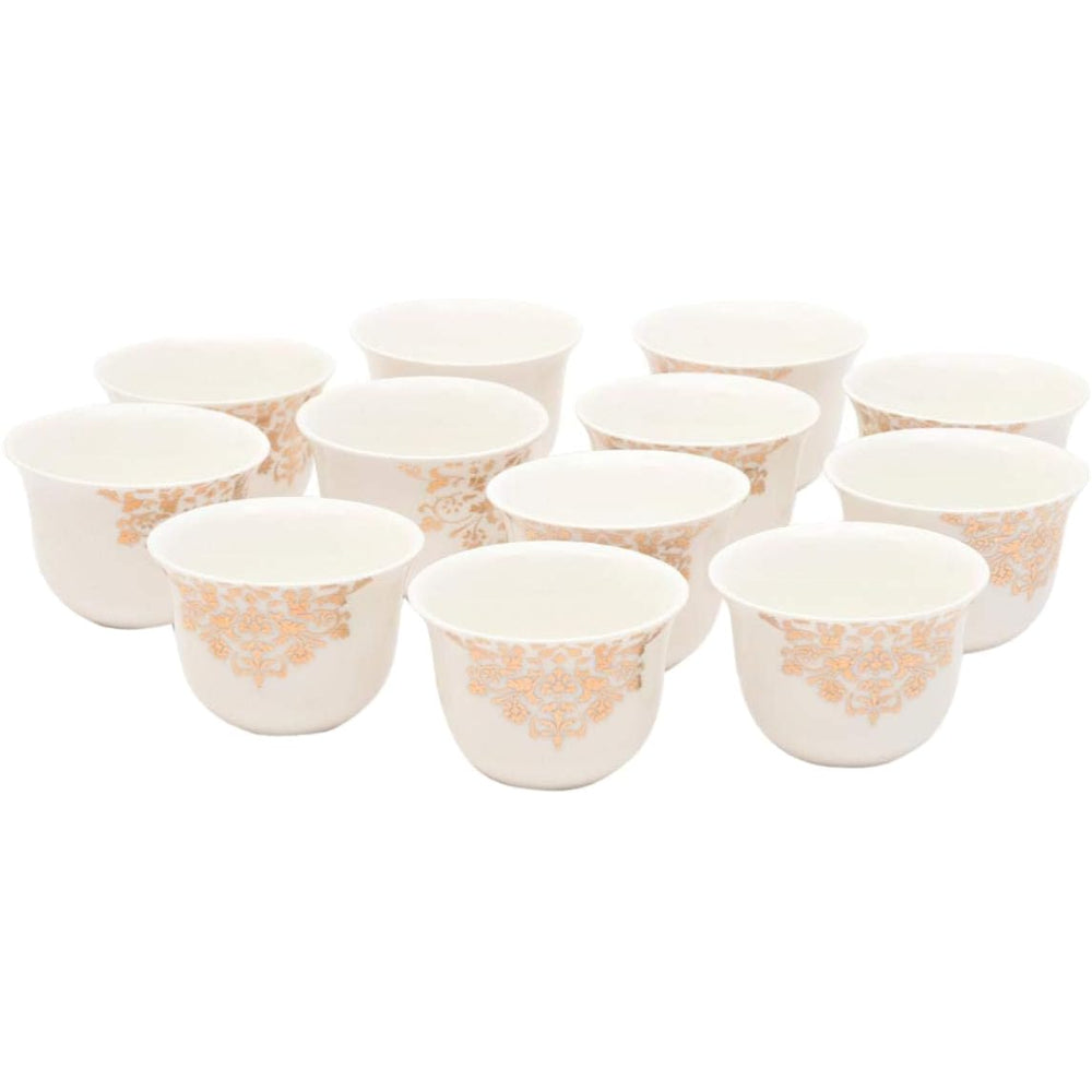 Shallow Bone China Gawa Cups, 12-Piece Set – White and Gold Elegant Arabic Coffee Cups