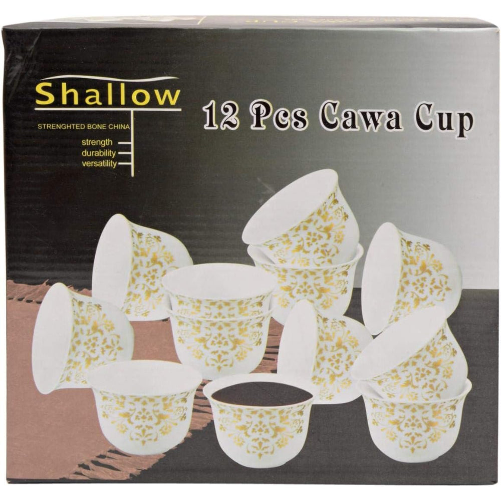 Shallow Bone China Gawa Cups, 12-Piece Set – White and Gold Elegant Arabic Coffee Cups