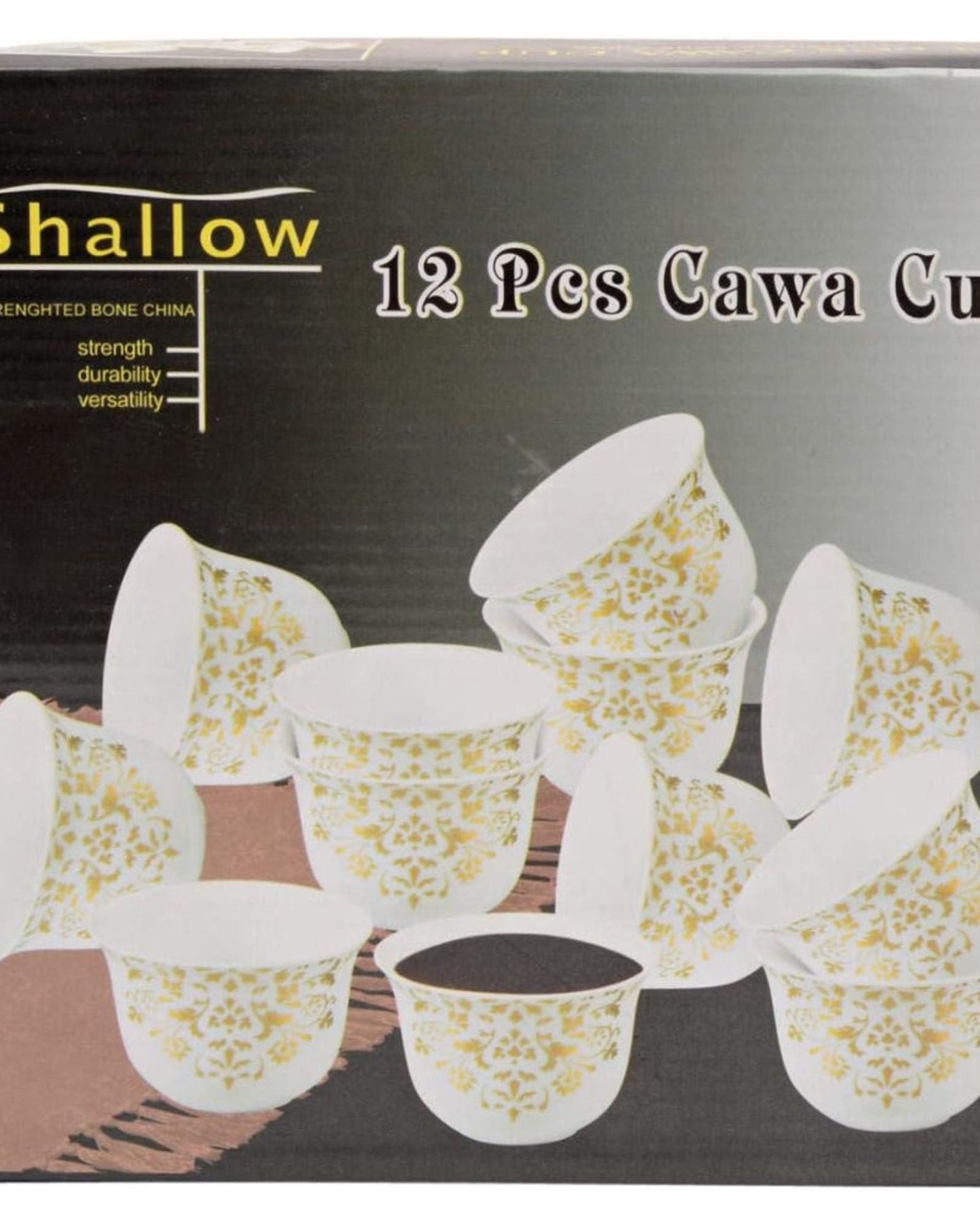 Shallow Bone China Gawa Cups, 12-Piece Set – White and Gold Elegant Arabic Coffee Cups
