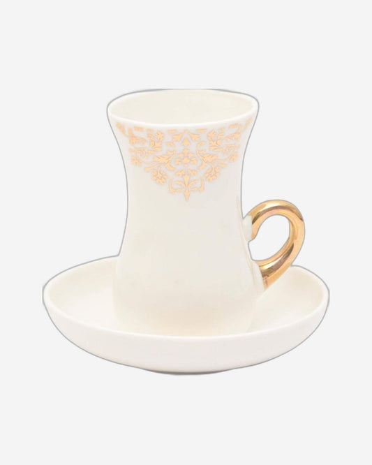 Shallow Bone China Istikan Tea Cup and Saucer Set, 12-Piece – White and Gold