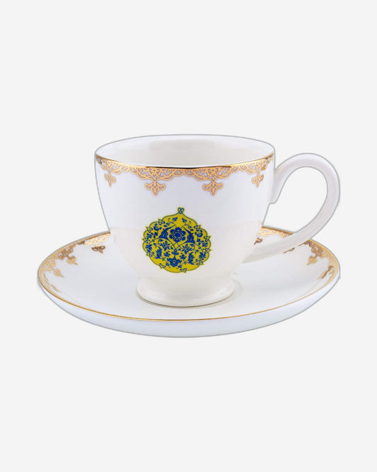 Shallow Sultan Designed Bone China Tea Cup and Saucer Set, 12-Piece – Gold/Yellow, 180ml