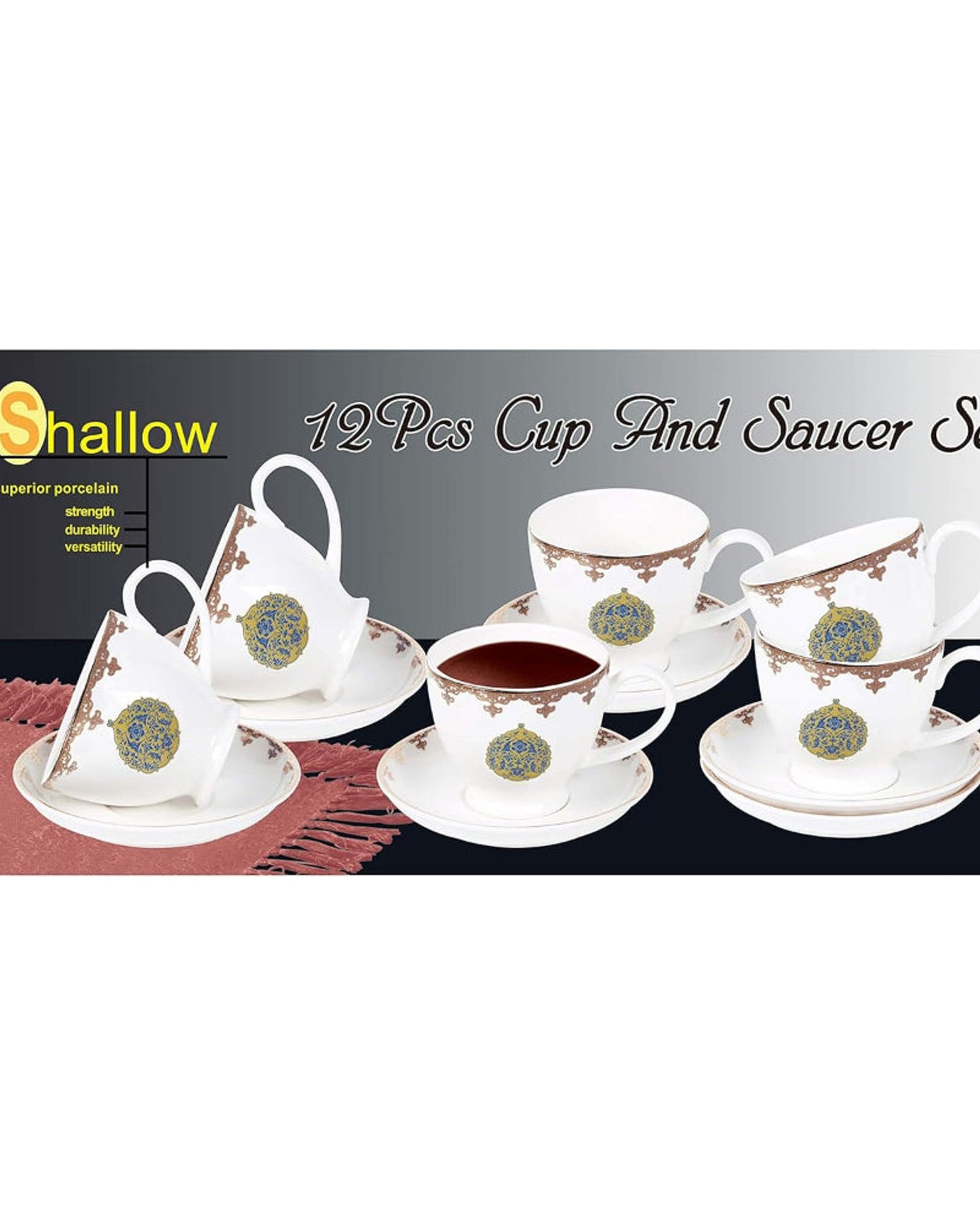 Shallow Sultan Designed Bone China Tea Cup and Saucer Set, 12-Piece – Gold/Yellow, 180ml