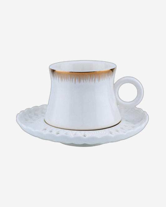 Shallow Bone China Tea Cup and Saucer Set, 12-Piece – White/Gold, 220ml