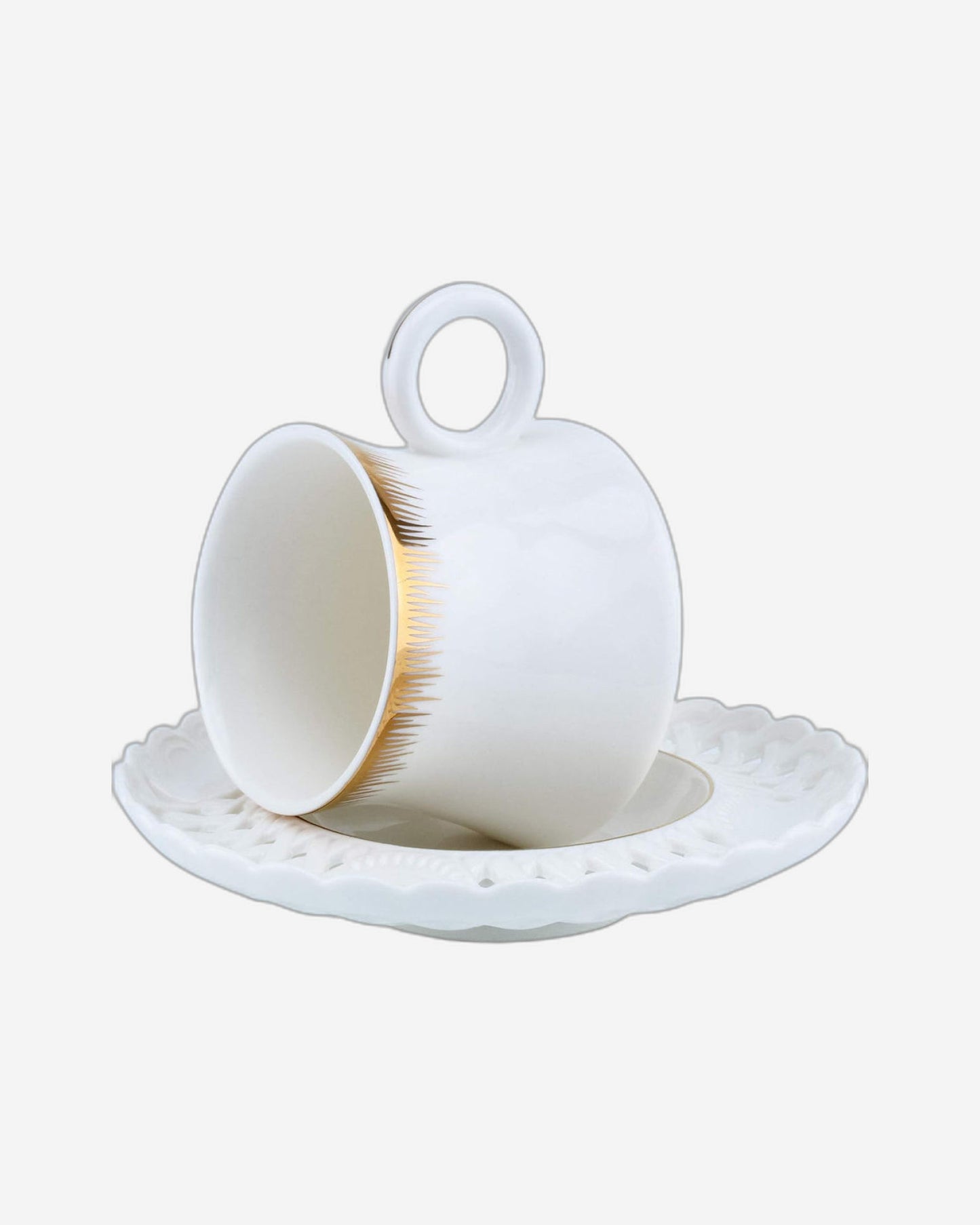 Shallow Bone China Tea Cup and Saucer Set, 12-Piece – White/Gold, 220ml