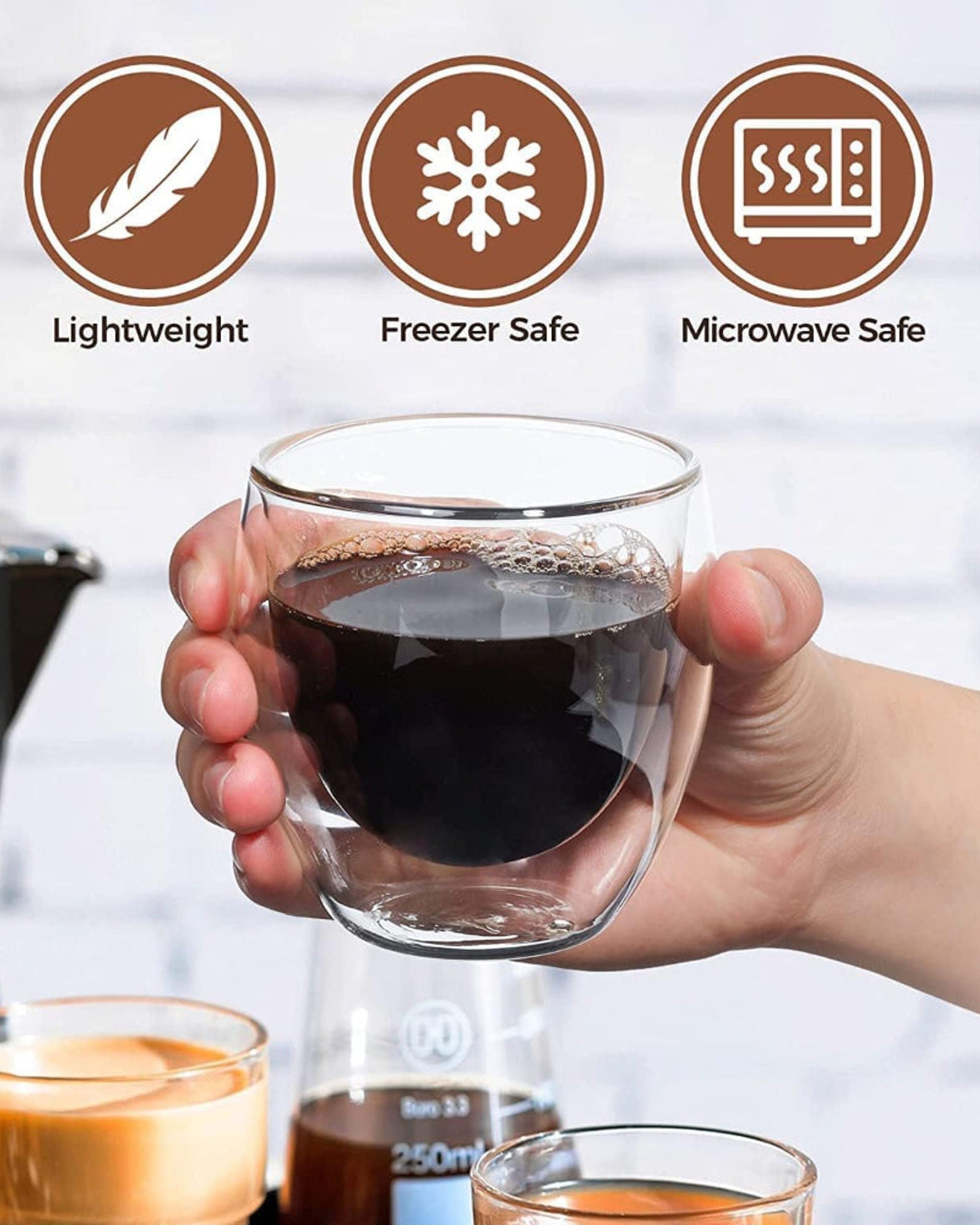 Cuisine Art 250ml Double Wall Glass Cup 2Pcs Set Borosilicate Glass For Coffee, Tea, Whiskey, Cocktails & All Beverages - Minimalistic & Durable Double-Wall Drinking Mug