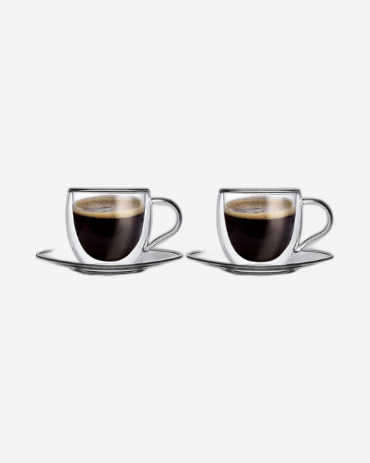 Cuisine Art 180Ml Double Wall Glass Cup 4Pcs Set Borosilicate Glass For Coffee, Tea, Whiskey, Cocktails & All Beverages - Minimalistic & Durable Double-Wall Drinking Mug With 13Cm Saucer
