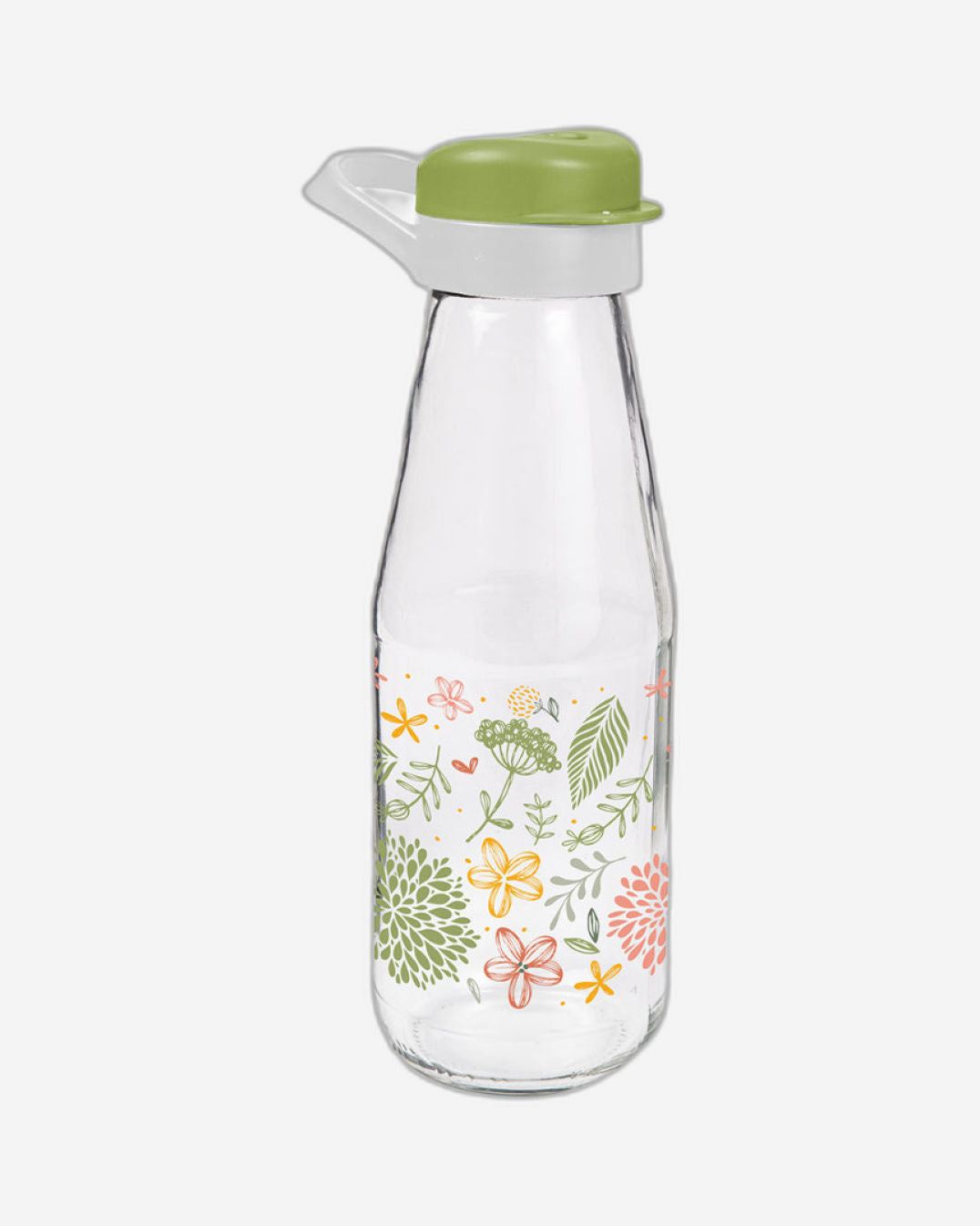 Herevin 720ml Premium Glass Water Bottle with HDPE & PP Green Leak-Proof Lid - Botanica Printed Reusable Bottle for Home, Transparent