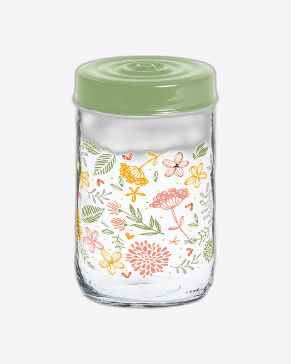 Herevin 660ml Glass Spice Jar with Decorative PP Green Lid Botanic, Transparent