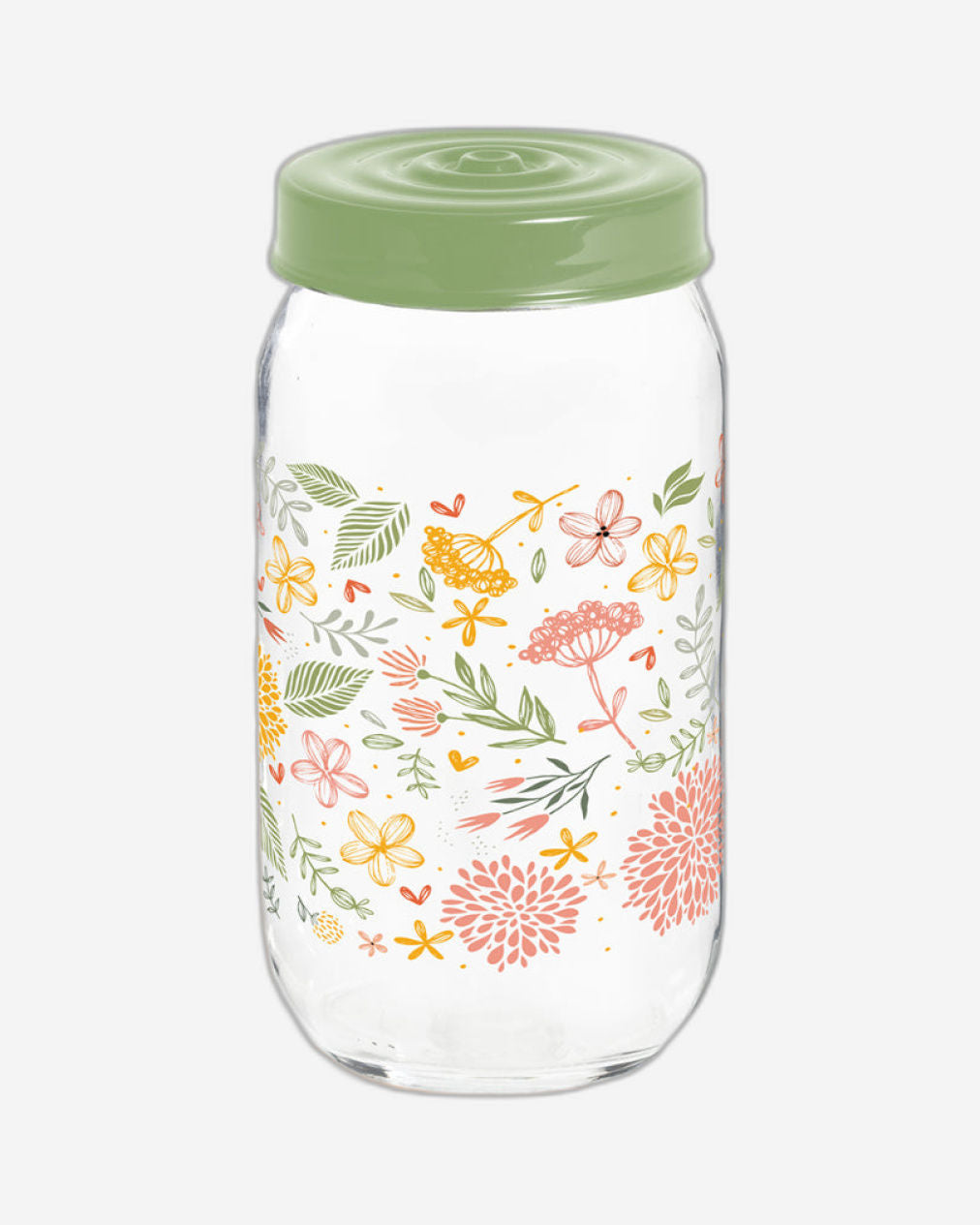 Herevin 1 Liter Glass Spice Jar with Decorative PP Green Lid Botanic, Transparent