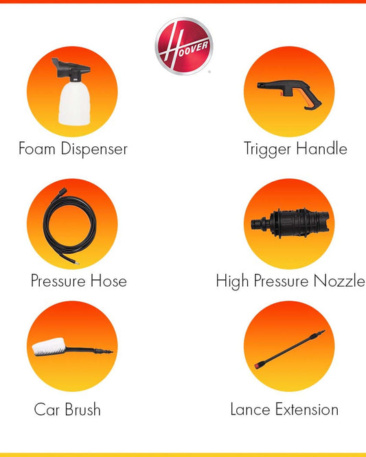 Hoover 120 Bar Electric Pressure Washer With Gun, 3m Hose, Foam Dispenser, Trigger Handle, Adjustable Jet, Car Brush and More, 1600W Portable Pressure Washer For Car, Home and Garden - ???HPW-M1612