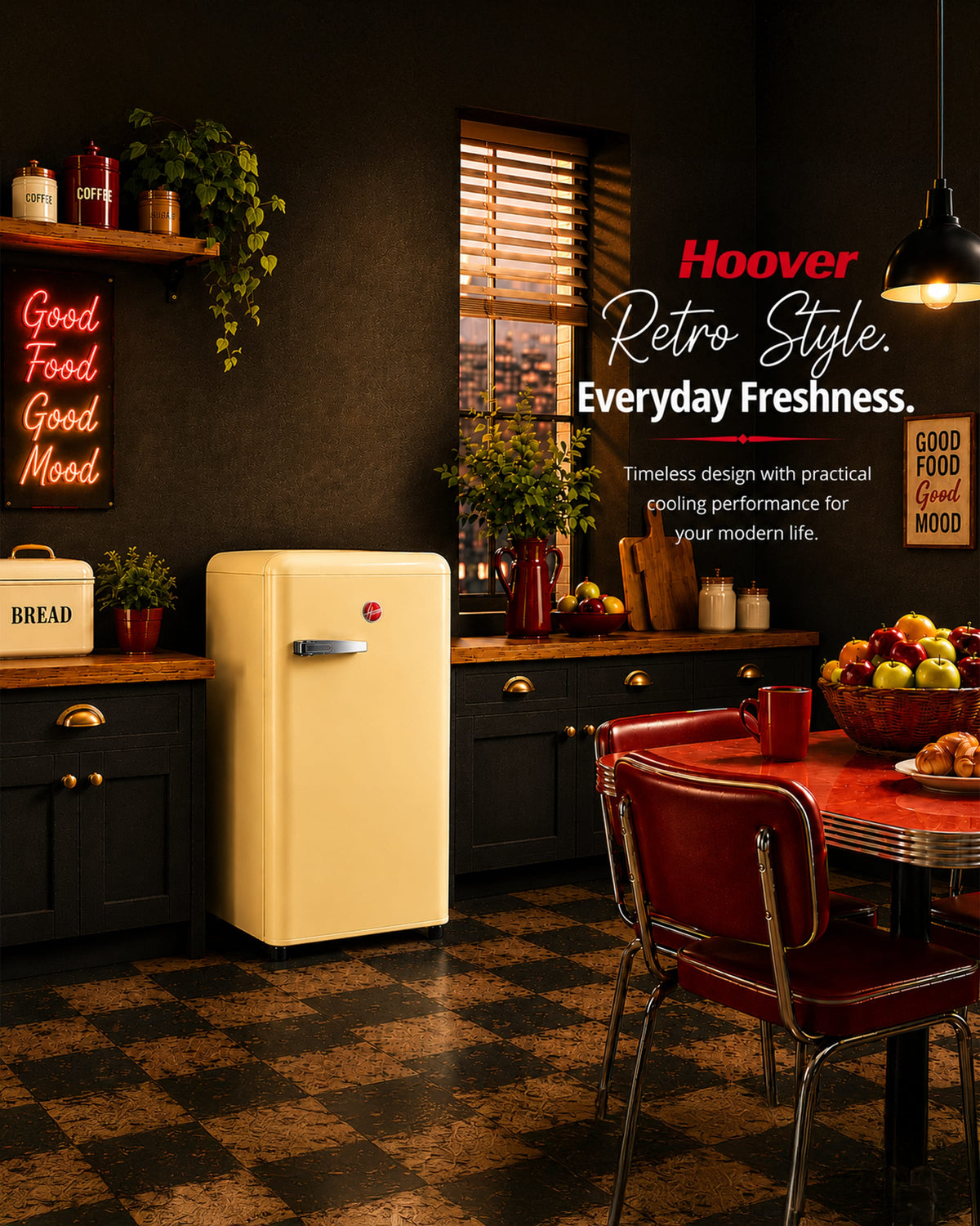 Hoover Single Door Refrigerator, Retro Style, 123 L, Cream – HSD-K123-RW (ESMA Certified)