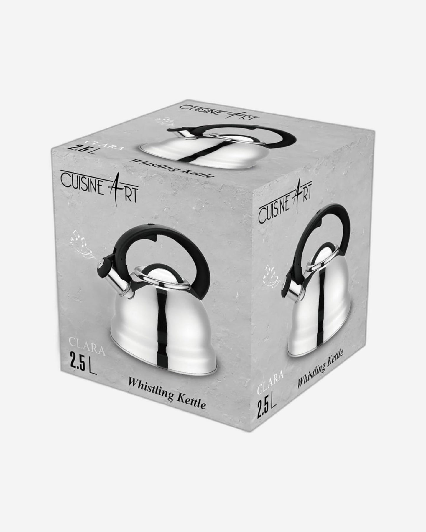 Cuisine Art CLARA 201 Stainless Steel Whistling Tea Kettle 2.5L, Silver, Mirror Polish, Fixed Nylon Handle, Satin Interior, Fast Boiling, Suitable for use on all stove tops