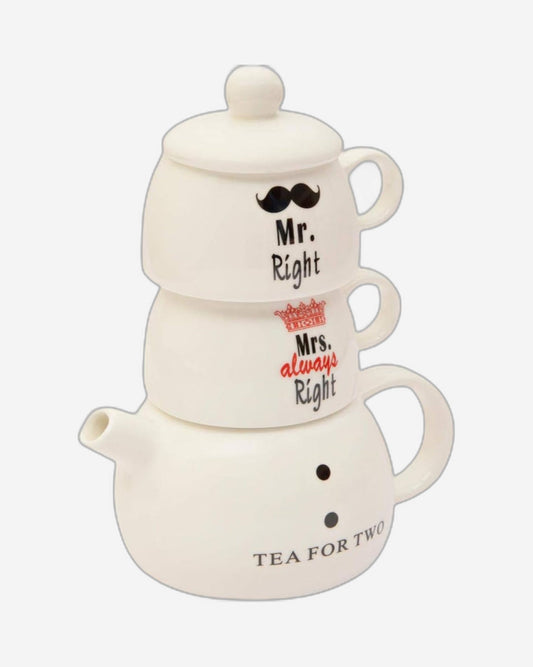 Shallow 2-Piece Mr. & Mrs. Tea Pot Mugs and Lid Set with Tea for Two Pot, Multi-Colour, Bone China – Elegant Tea Set for Couples