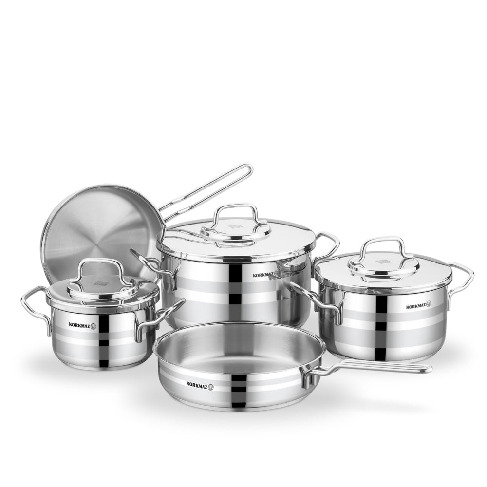 Korkmaz Astron Cookware Set 8 Pieces | Stainless Steel Pots and Pans Set | Induction Base Pans Set - 2055
