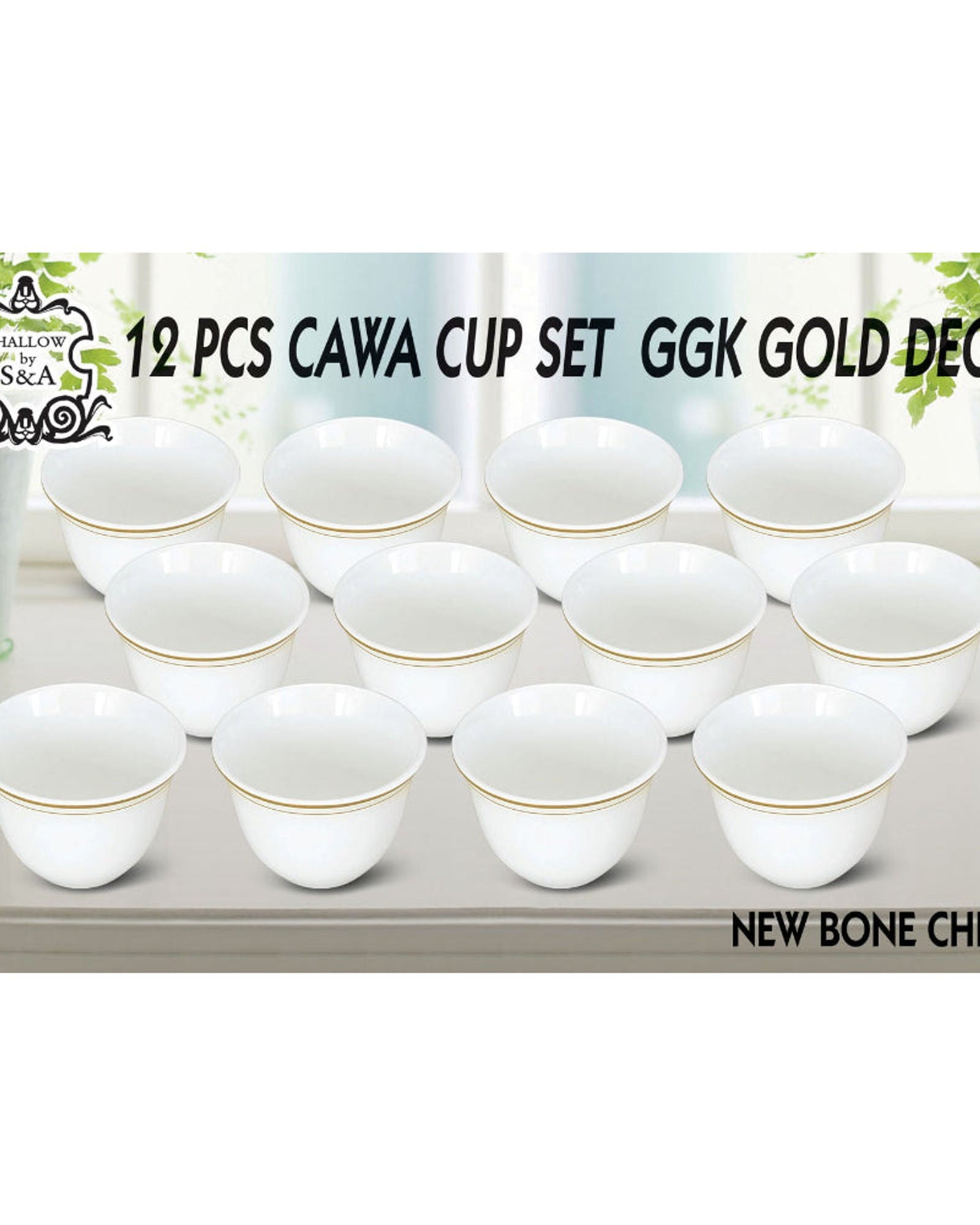 Shallow 12-Piece Cawa Cup Set, Bone China - Elegant White and Gold Design, 70ml