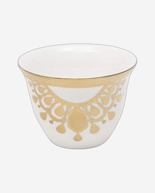 Shallow Bone China 12-Piece Cawa Cup Set, White and Gold - Elegant Arabic Coffee Cups