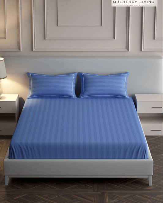 Mulberry Living Cotton Queen Fitted 300TC Elysian Stripes Mediterranean Blue