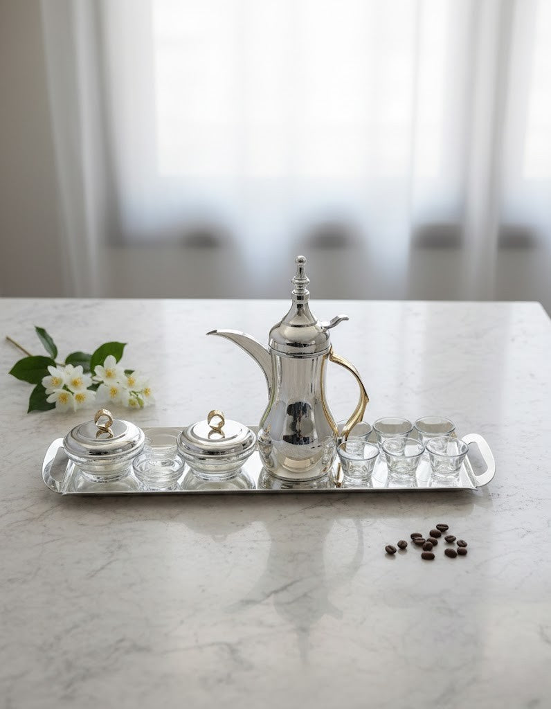 Pantazelos Arab Coffee Set (Including Tray Plain & Dallah Thermos /Antique Finish)