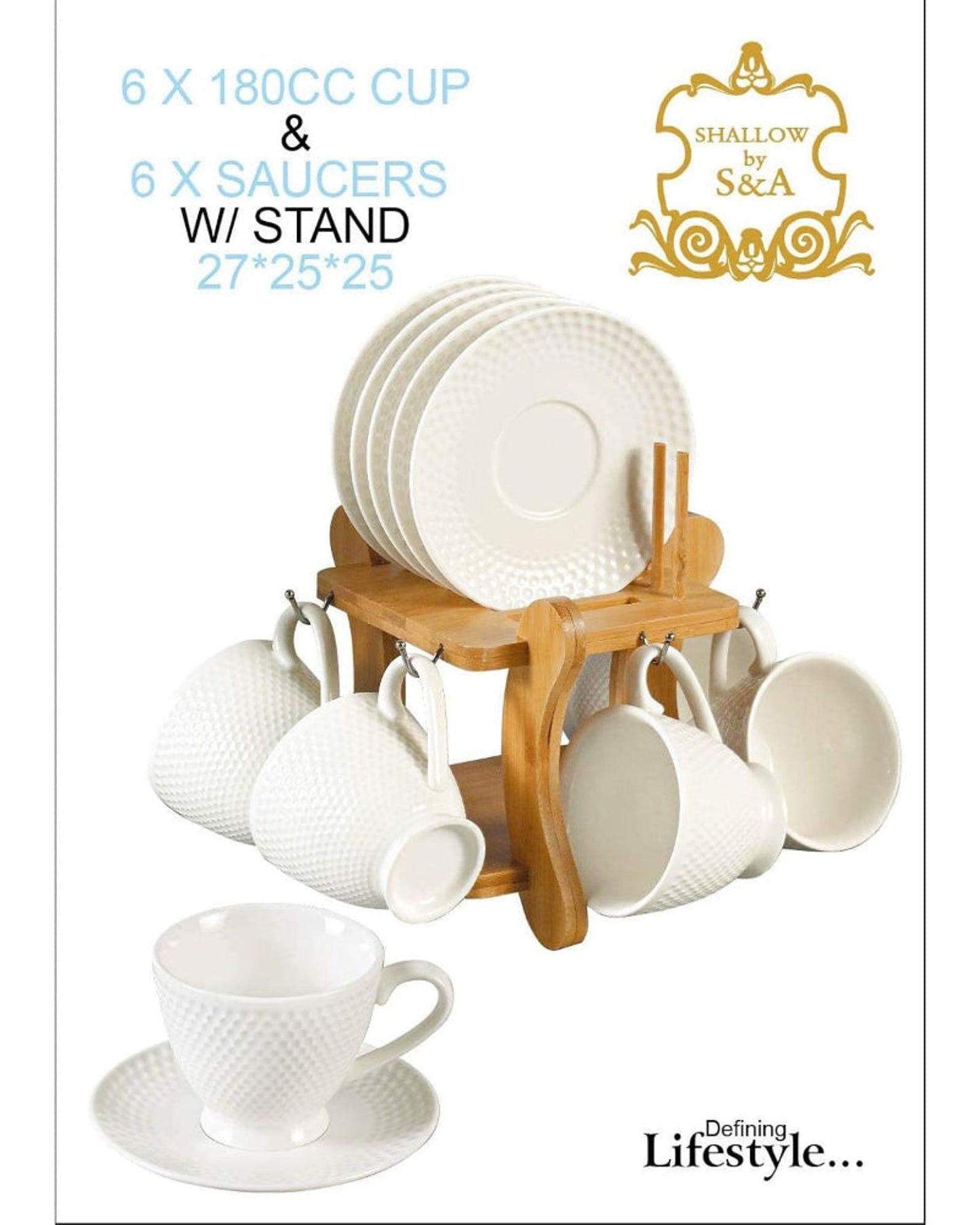 Shallow 12-Piece Porcelain Cups & Saucers Set with Bamboo Stand, 180ml