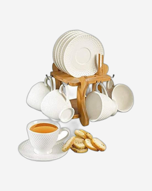 Shallow 12-Piece 90ml Porcelain Cup & Saucer Set with Bamboo Stand – Elegant Tea/Coffee Set