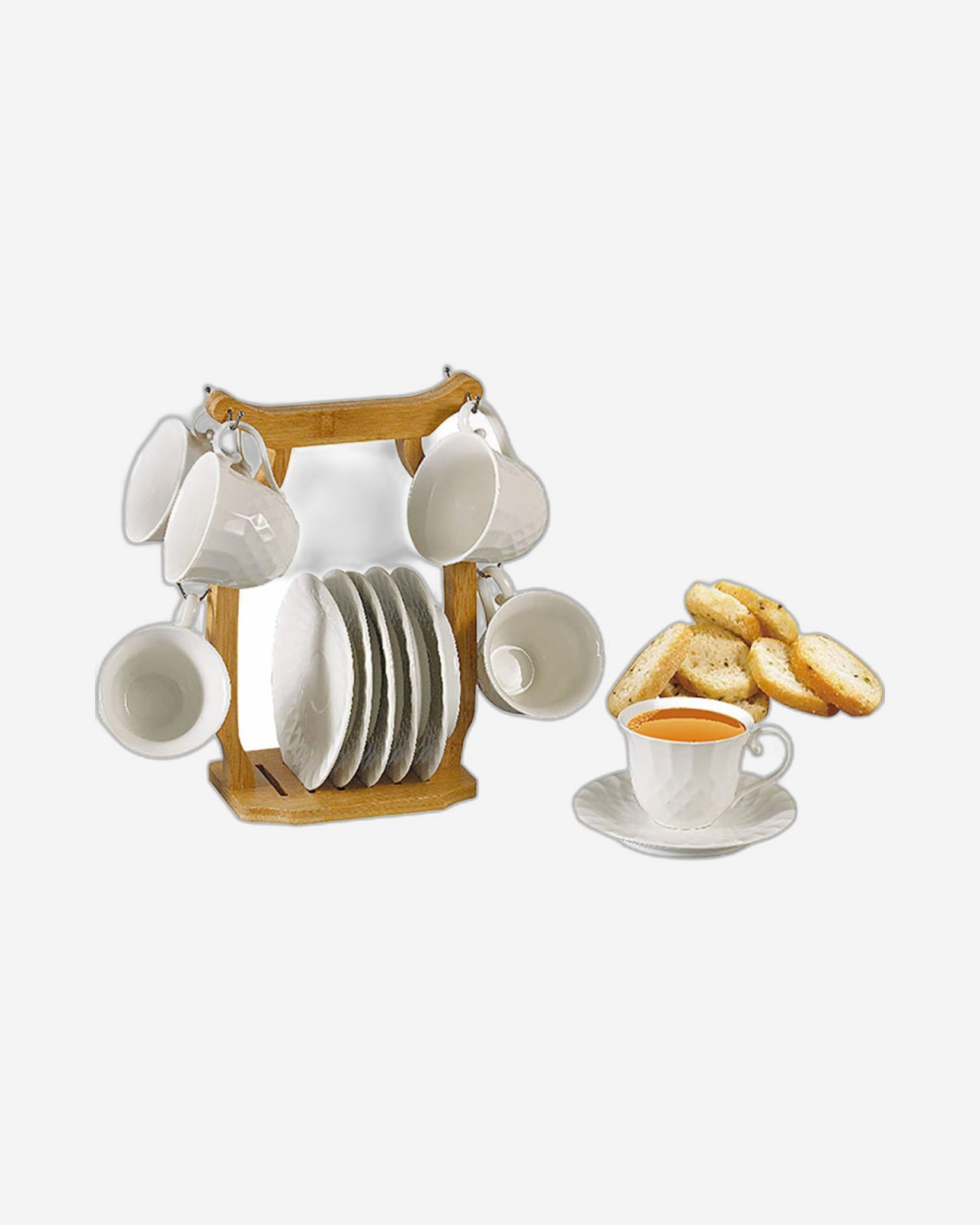 Shallow 12-Piece 90ml Porcelain Cups & Saucers Set with Bamboo Stand – Elegant Tea/Coffee Serving Set