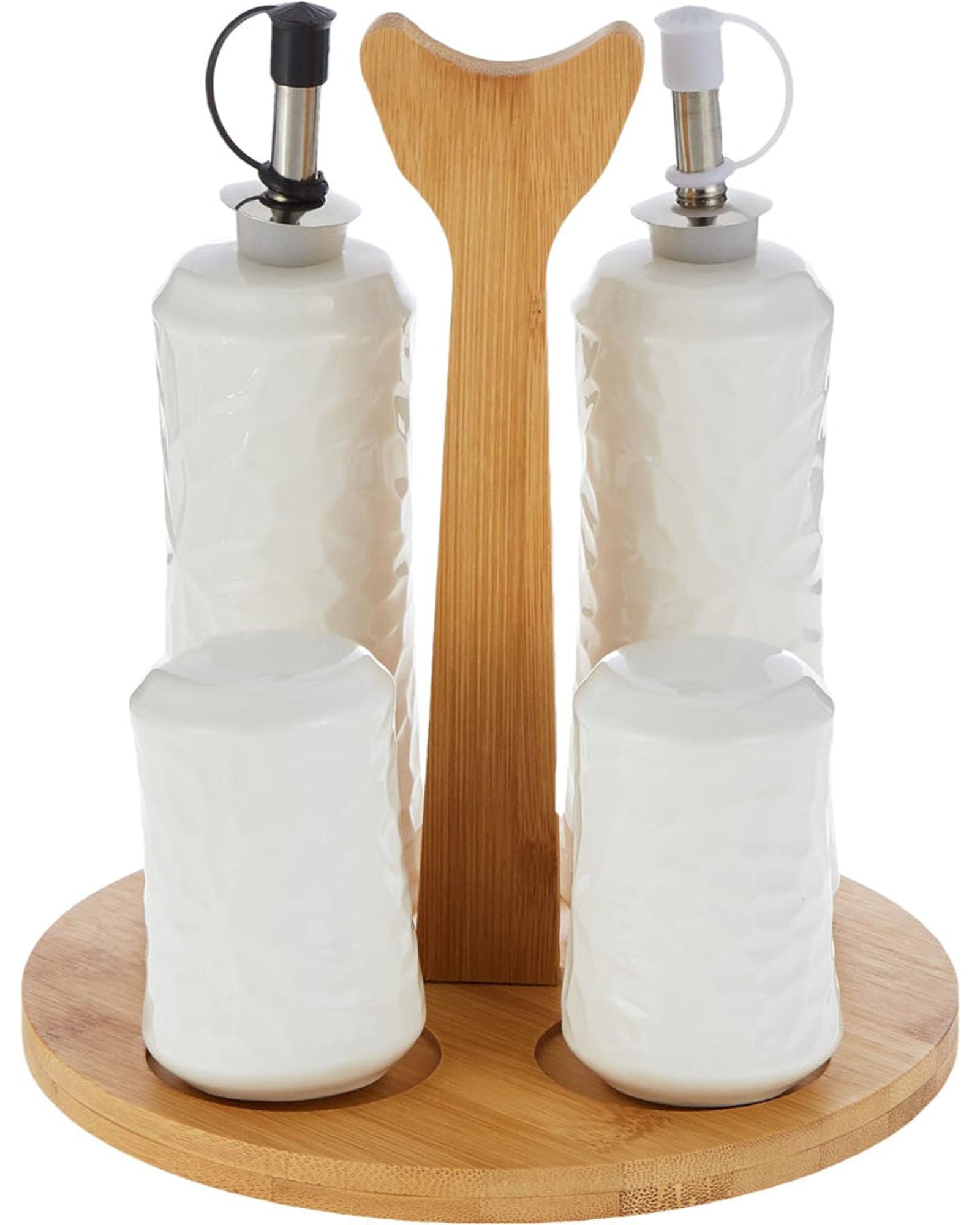 Shallow Porcelain 4-Piece Cruet Set with Bamboo Stand - Salt, Pepper, Oil & Vinegar Dispensers, 17x17x19cm