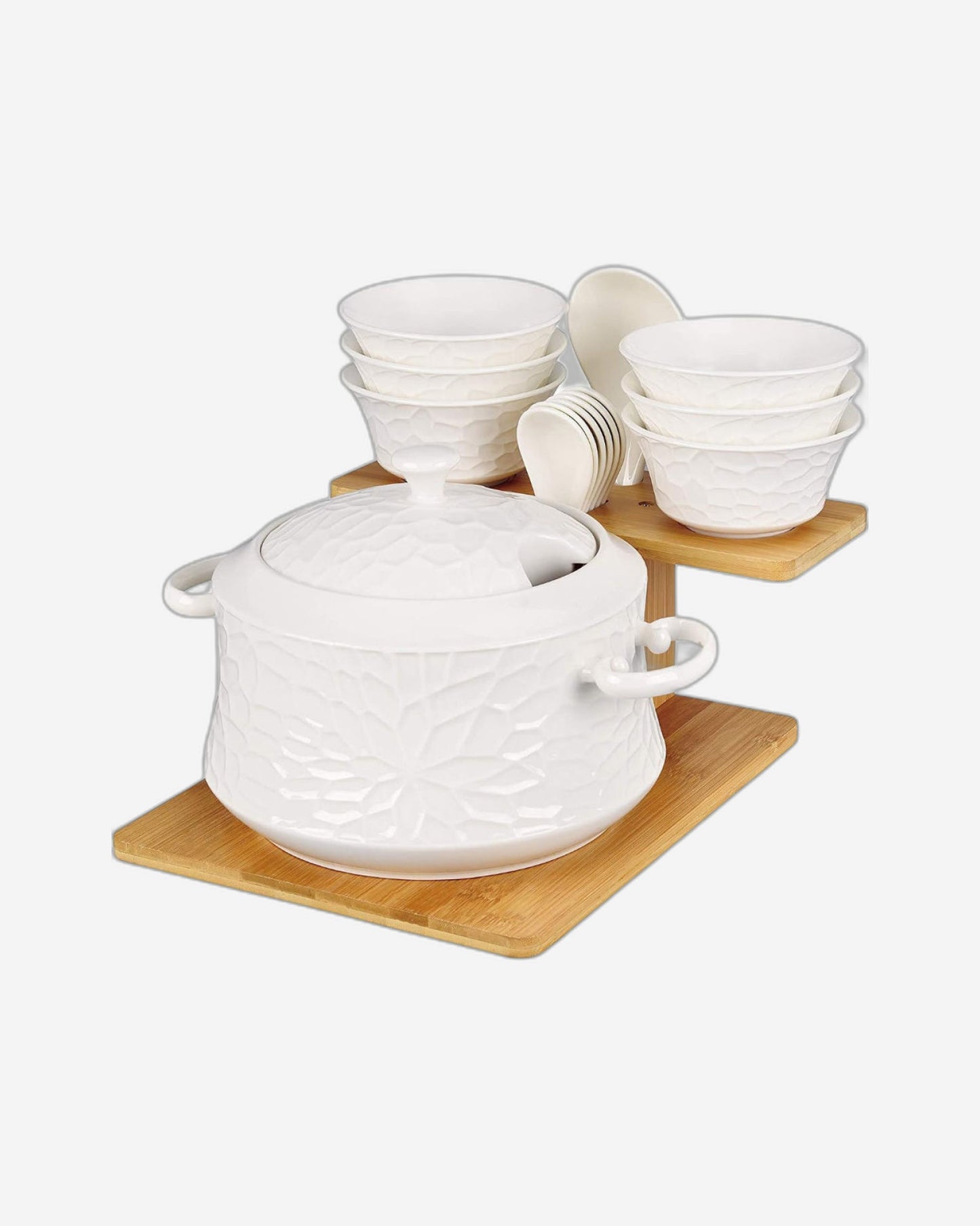 Shallow Porcelain Soup Set with Bamboo Stand, 15 Pieces - Includes Soup Bowls, Spoons & Bamboo Tray, 36x30x23.5cm
