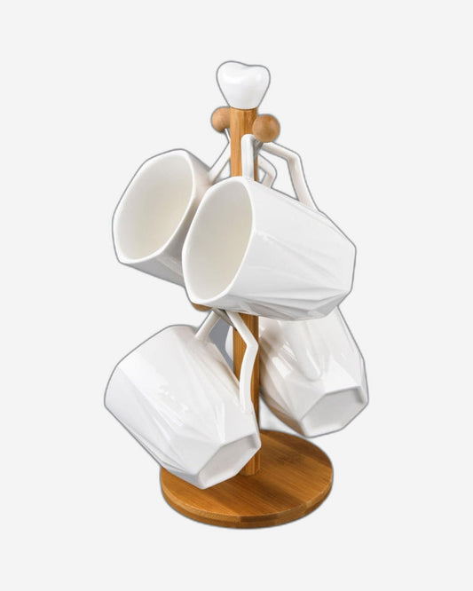 Shallow Mug Tree with 4 Mugs (300ml) & Bamboo Stand - Elegant Mug Holder for Kitchen or Dining Room