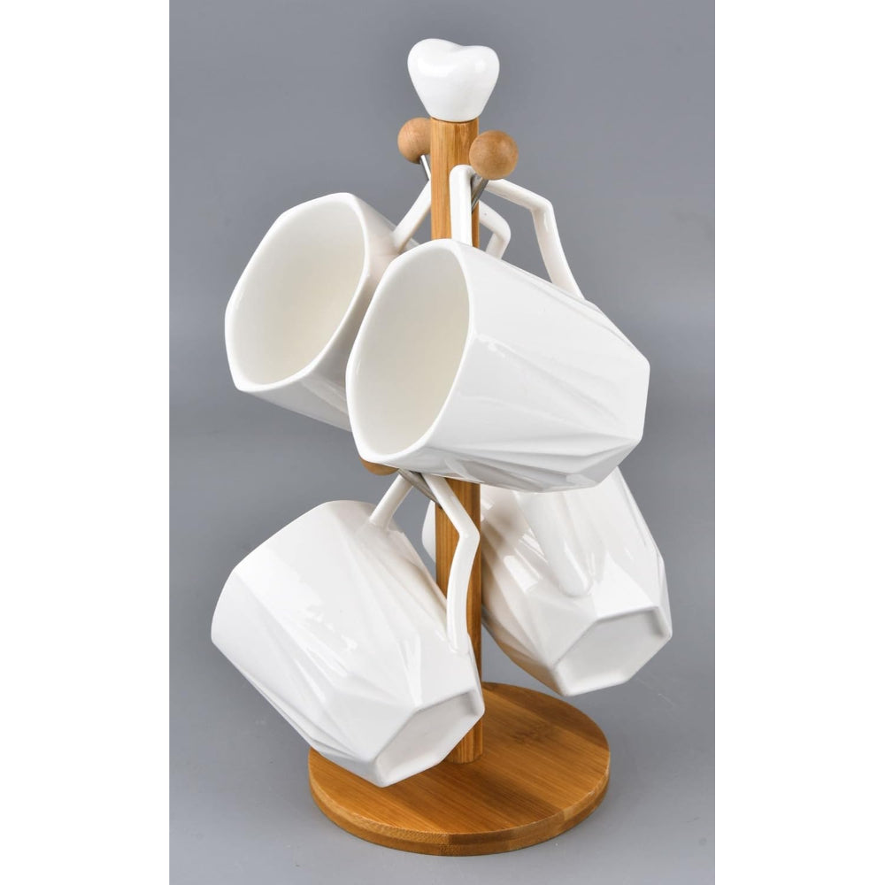 Shallow Mug Tree with 4 Mugs (300ml) & Bamboo Stand - Elegant Mug Holder for Kitchen or Dining Room