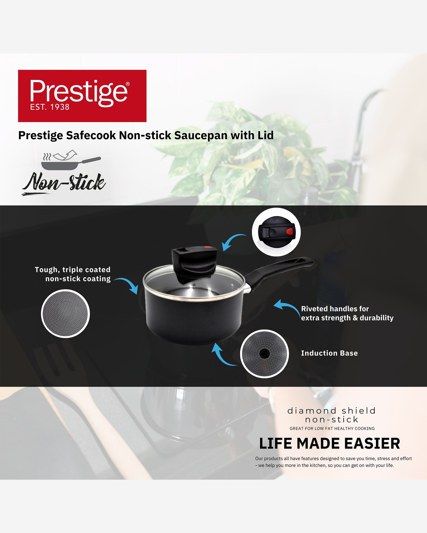 Prestige Safecook Casserole 22cm 3.8L Black Covered