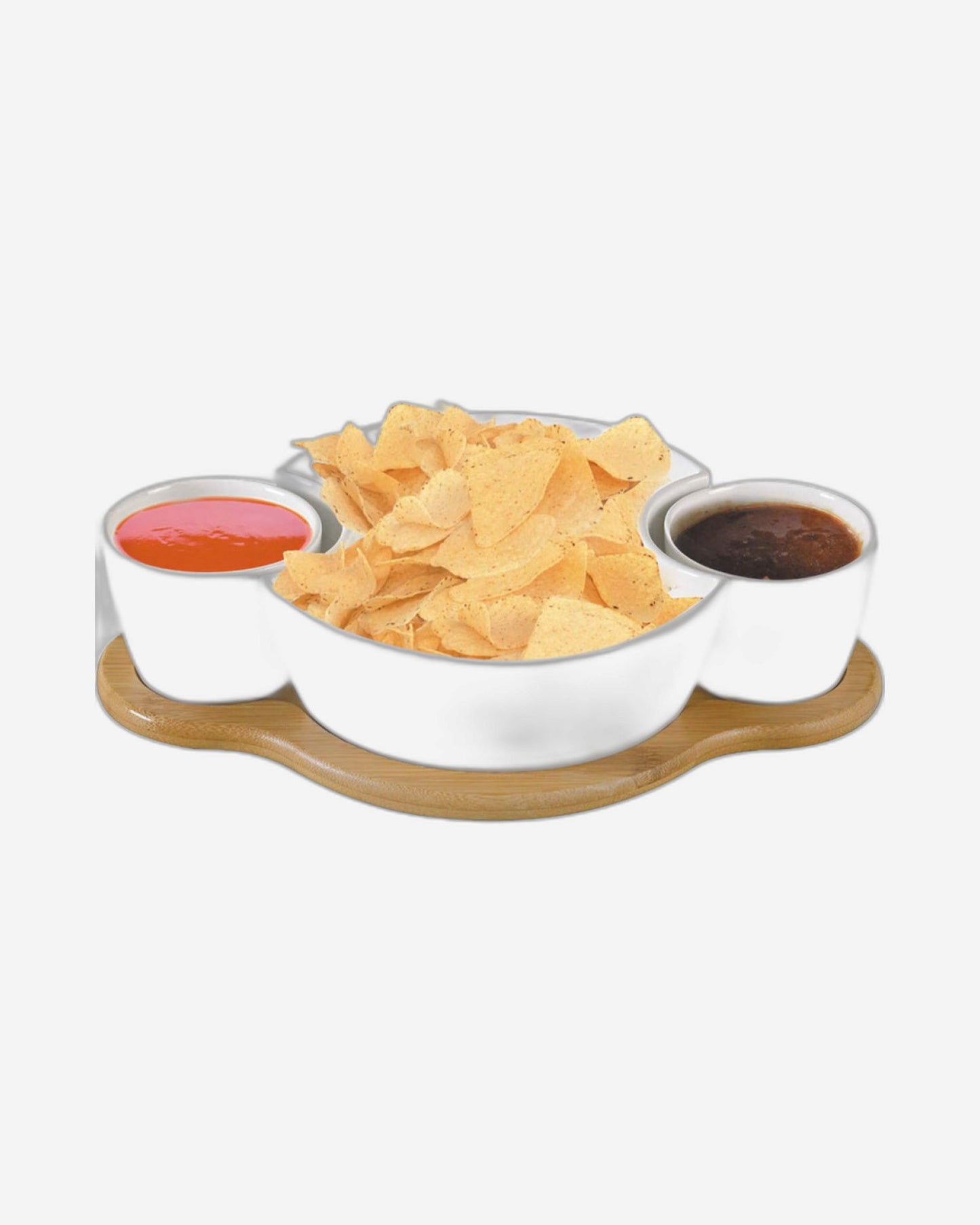 Shallow Porcelain Chip and Dip Set with Bamboo Stand, White/Brown - Elegant Serving Set for Parties and Gatherings