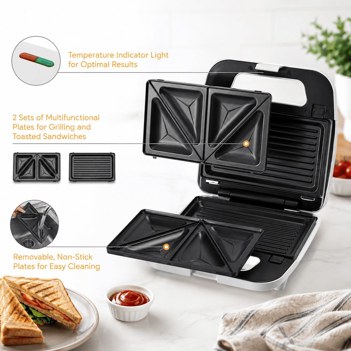 Kenwood Sandwich Maker, 2-in-1 Grill & Non-Stick Plates, White – SMP02.000WH (ESMA Certified)