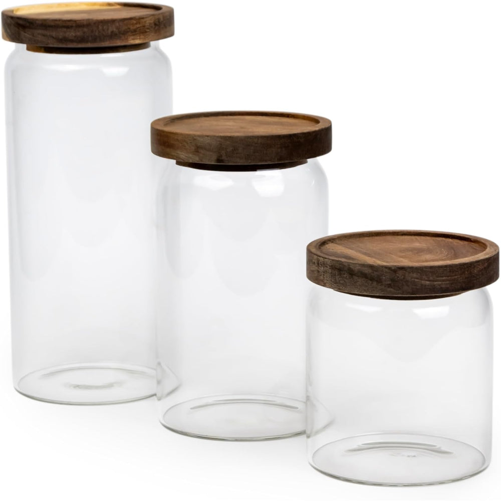 Cuisine Art Round Glass Storage Jars with Acacia Wood Lids -Set of 3 Transparent Borosilicate Airtight Glass Container, Stackable for Storing Kitchen Food, Grains, Coffee Beans, Tea 500+750+1000ml