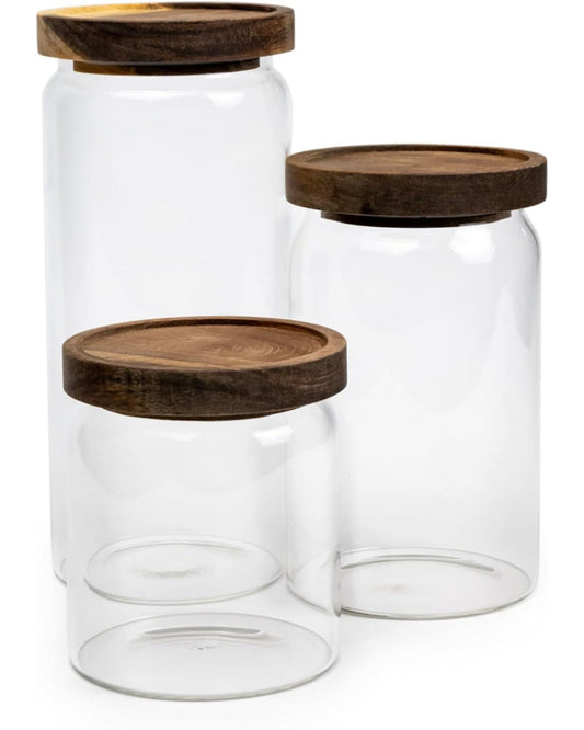 Cuisine Art Round Glass Storage Jars with Acacia Wood Lids -Set of 3 Transparent Borosilicate Airtight Glass Container, Stackable for Storing Kitchen Food, Grains, Coffee Beans, Tea 500+750+1000ml