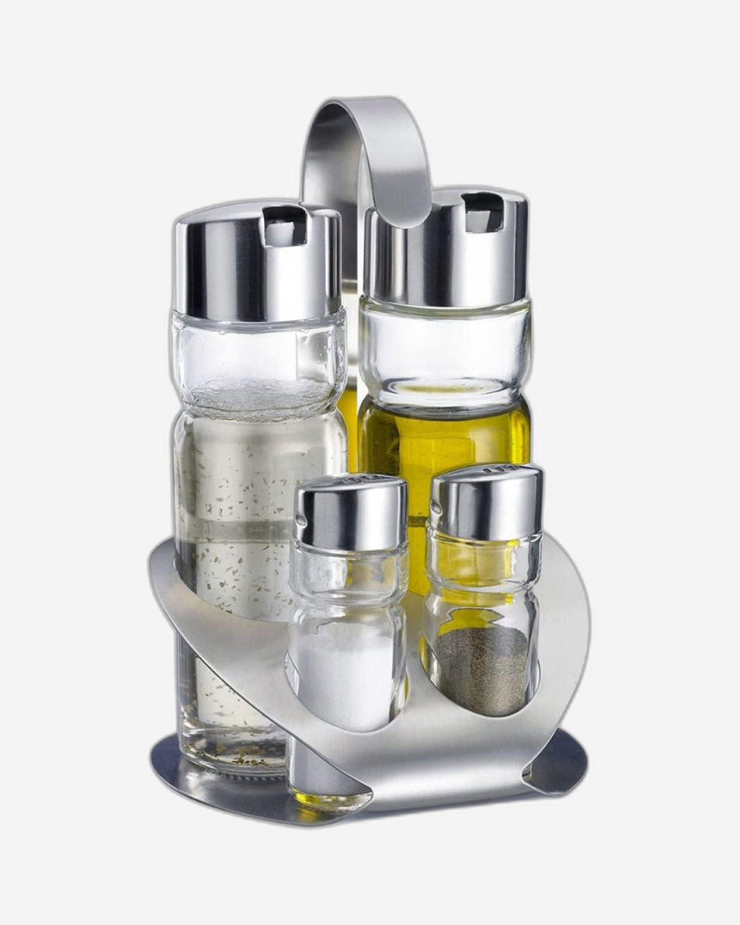 Cuisine Art Soda Lime Glass Cruet Set with Stainless Steel Stand, 4 Pieces, Transparent